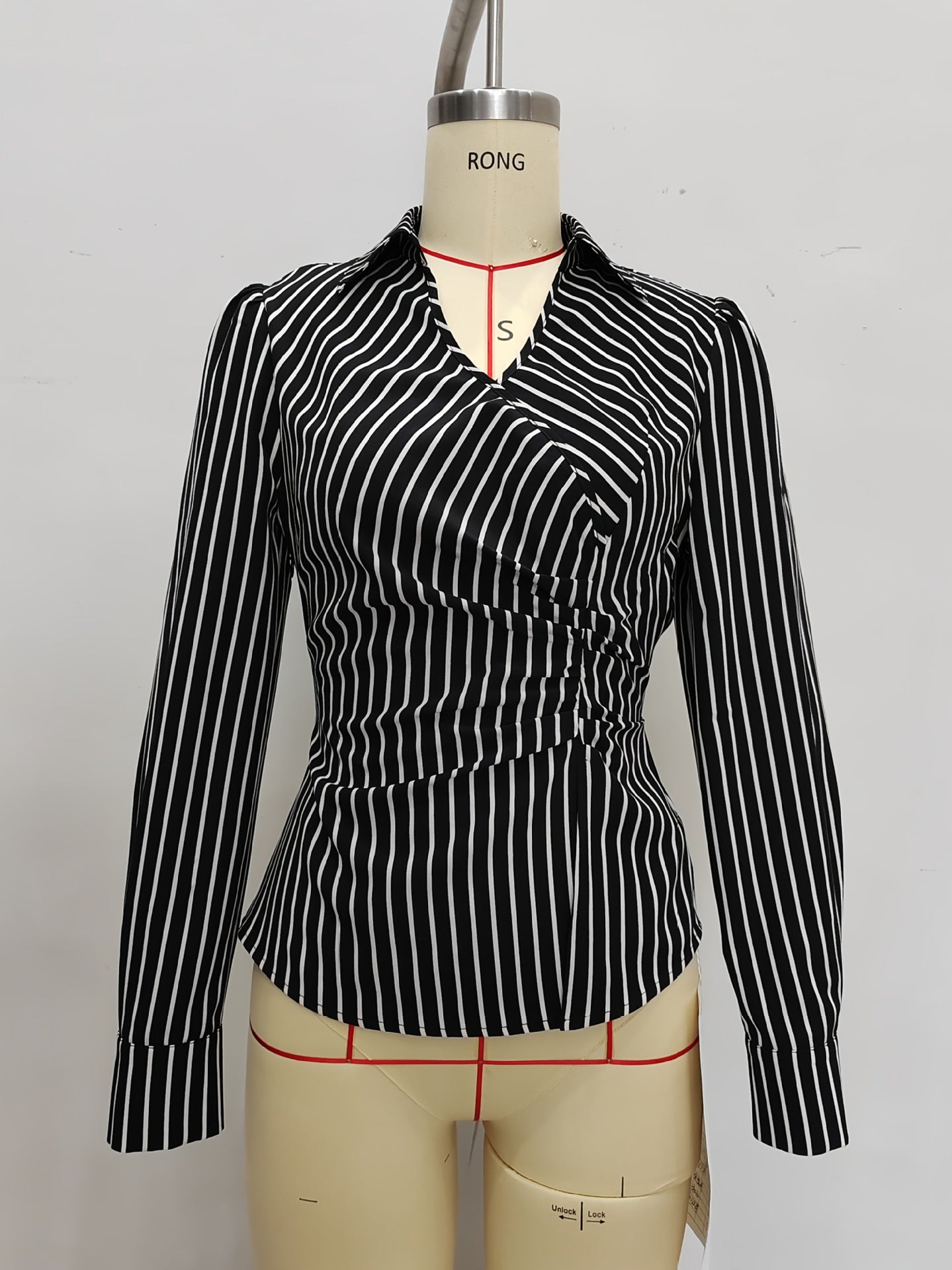 Striped Wrap Blouse with V-Neck and Ruched Waist