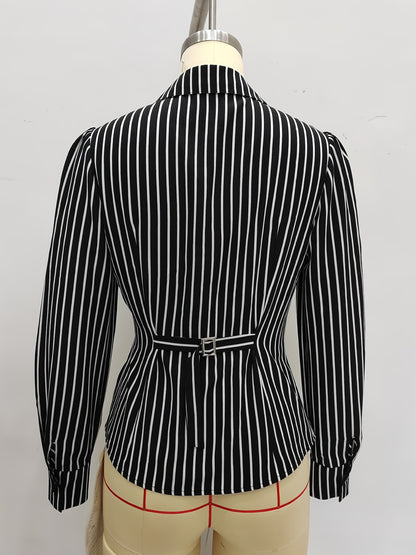 Striped Wrap Blouse with V-Neck and Ruched Waist