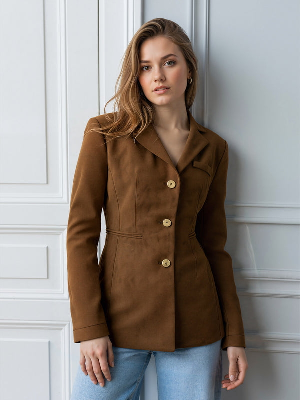 Solid Lapel Blazer with Gold Buttons and Belted Back