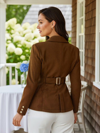 Solid Lapel Blazer with Gold Buttons and Belted Back
