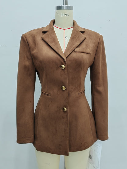 Solid Lapel Blazer with Gold Buttons and Belted Back