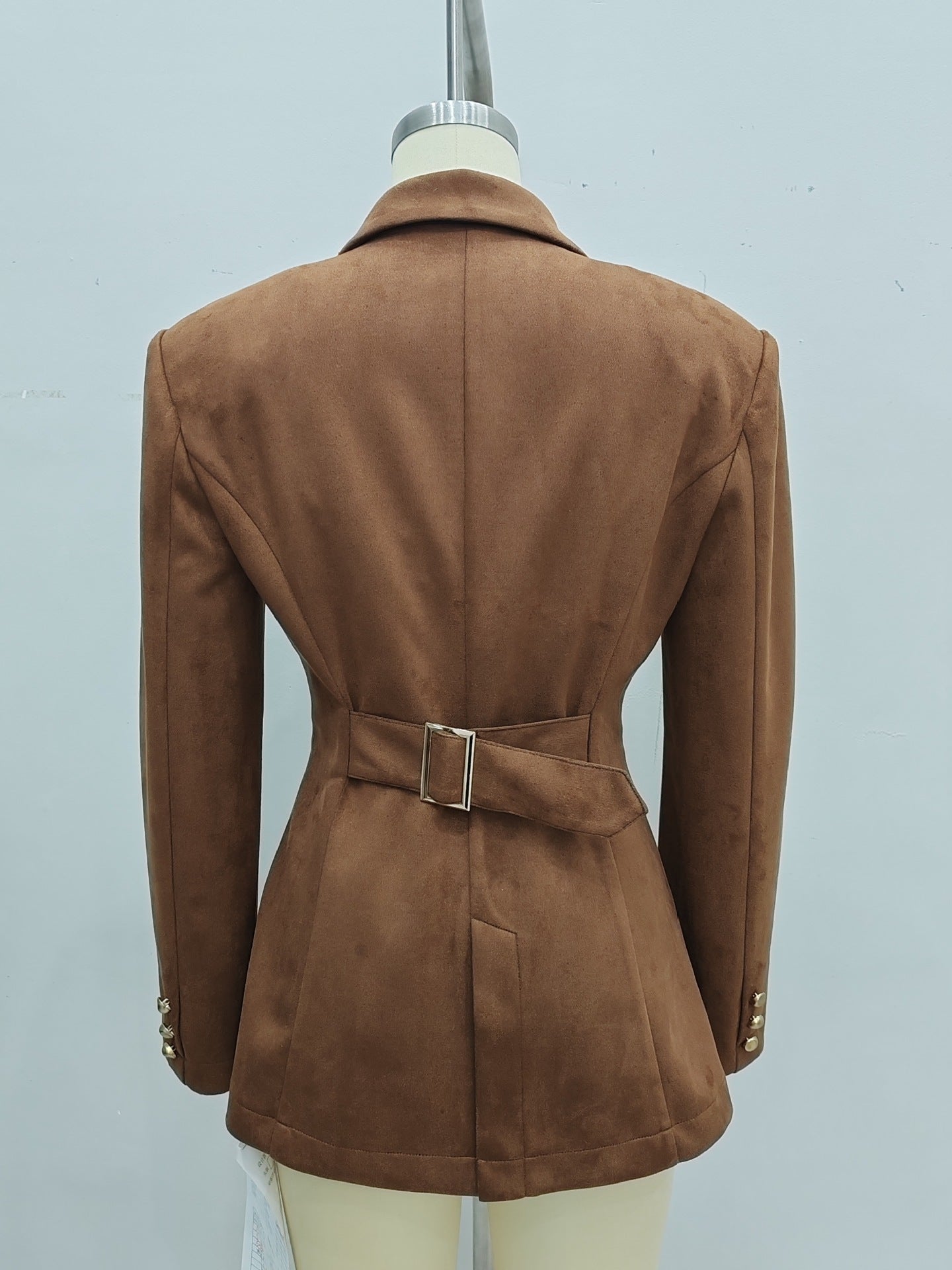 Solid Lapel Blazer with Gold Buttons and Belted Back