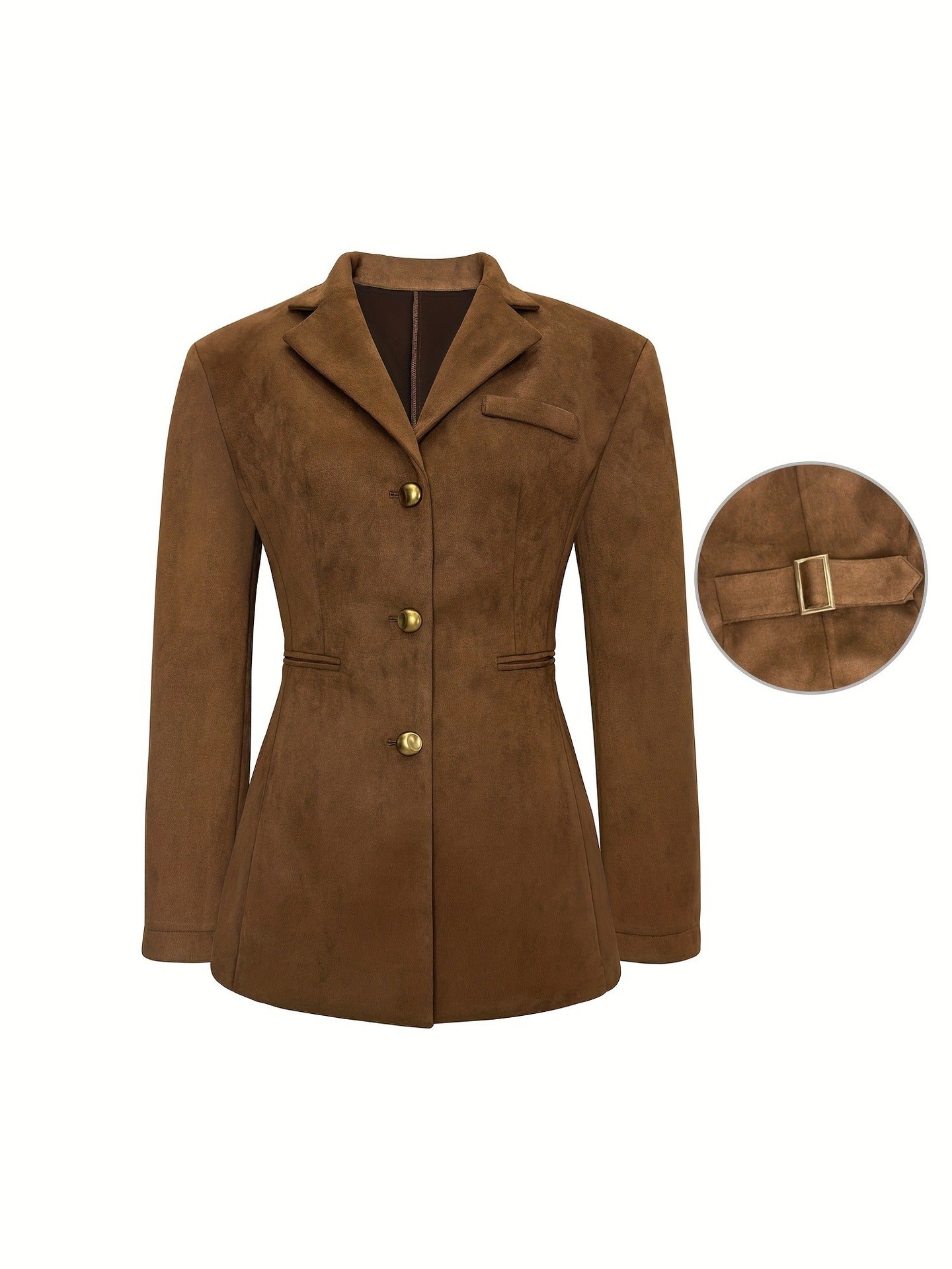 Solid Lapel Blazer with Gold Buttons and Belted Back