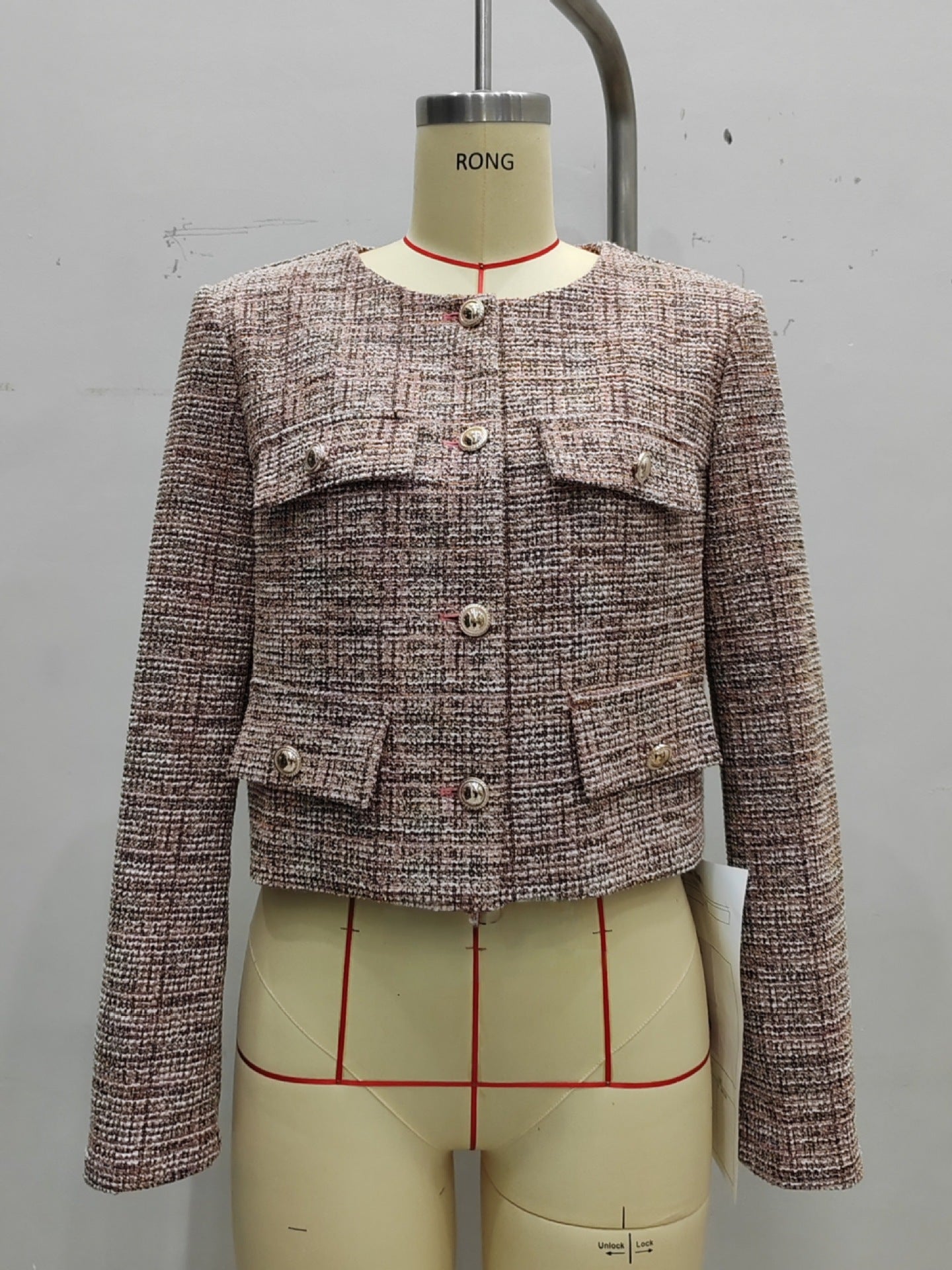 Cropped Tweed Jacket with Crew Neck and Button Front