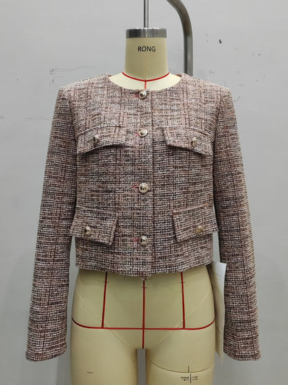 Cropped Tweed Jacket with Crew Neck and Button Front