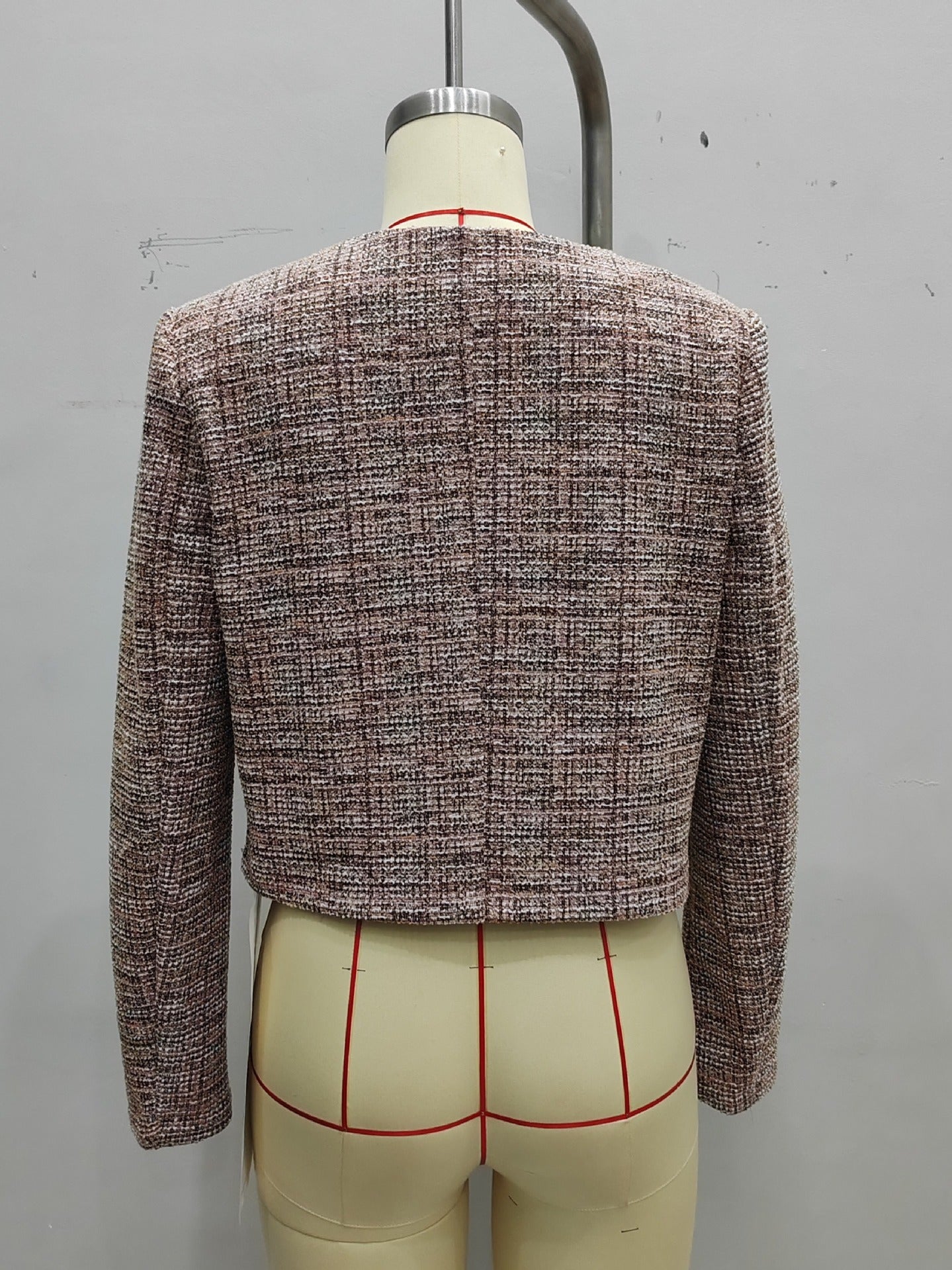Cropped Tweed Jacket with Crew Neck and Button Front