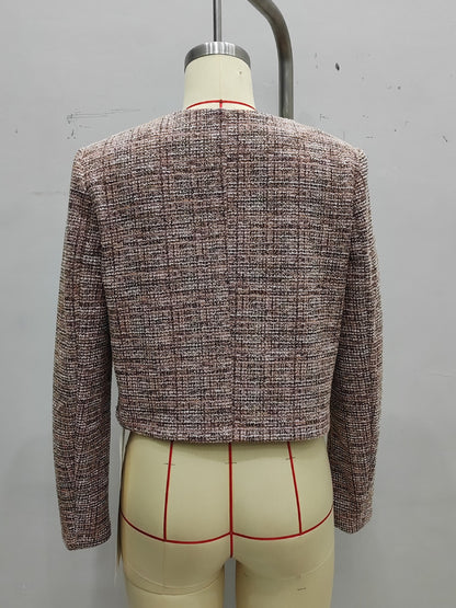 Cropped Tweed Jacket with Crew Neck and Button Front