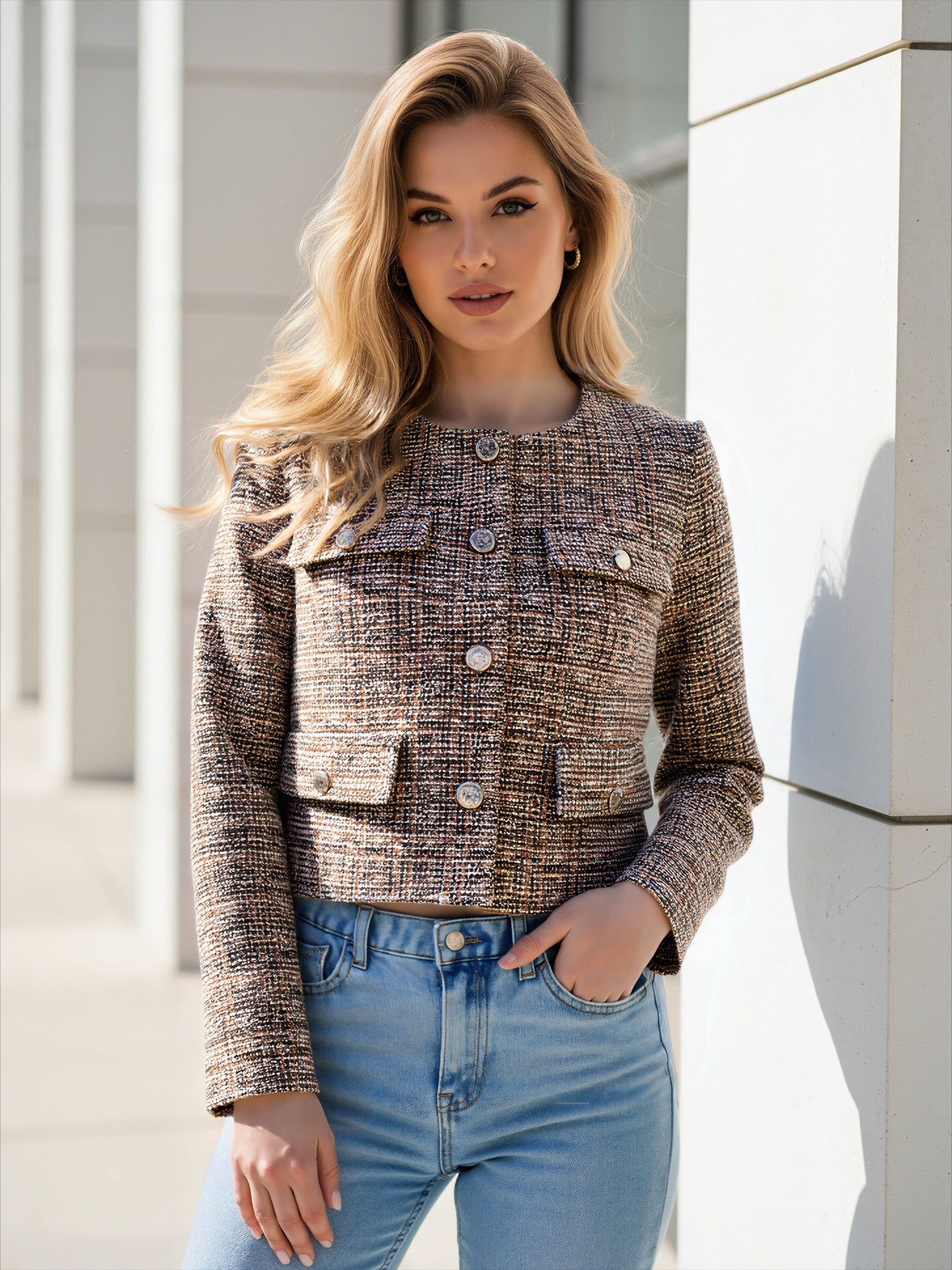 Cropped Tweed Jacket with Crew Neck and Button Front