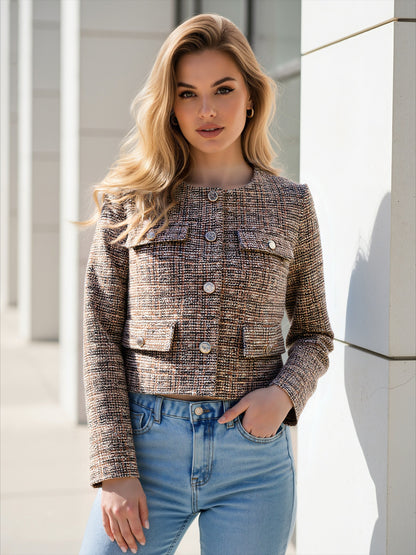 Cropped Tweed Jacket with Crew Neck and Button Front