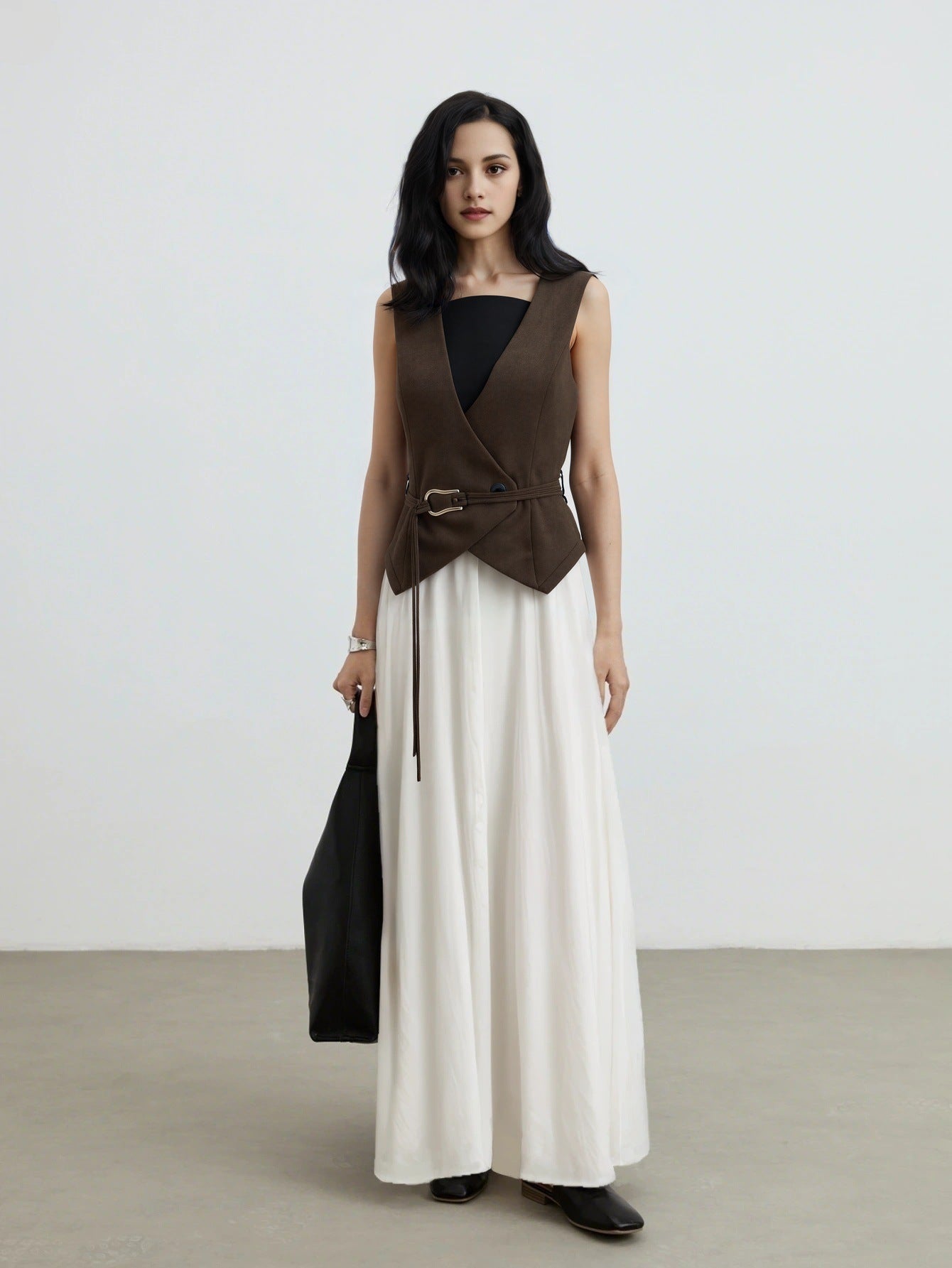 Wrap Front Suede Vest Top with V-Neck and Belt
