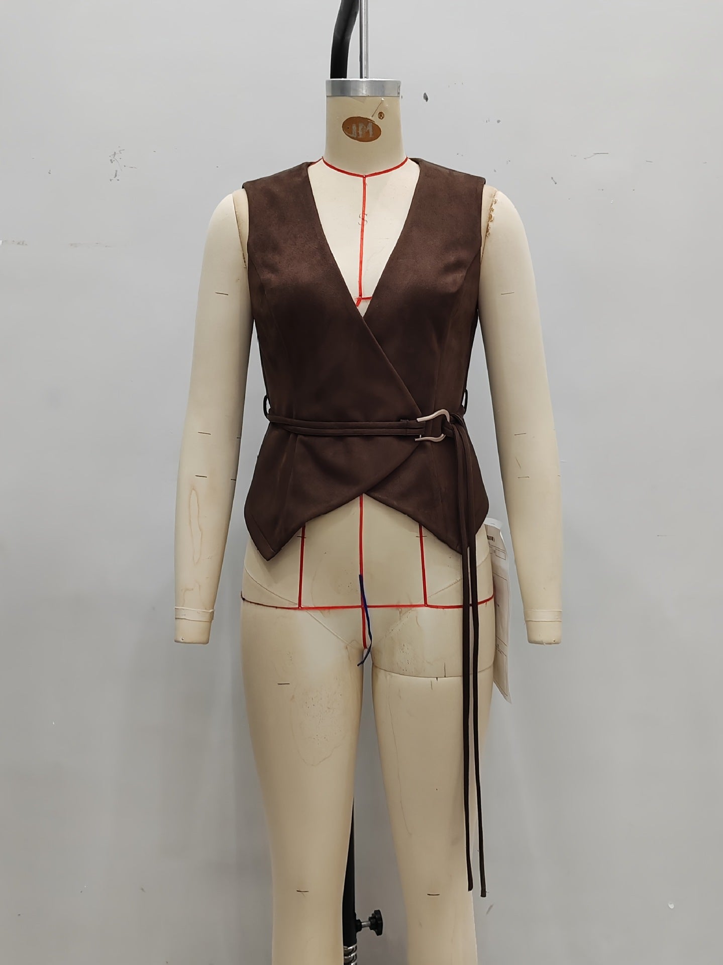 Wrap Front Suede Vest Top with V-Neck and Belt