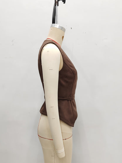 Wrap Front Suede Vest Top with V-Neck and Belt