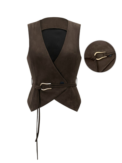 Wrap Front Suede Vest Top with V-Neck and Belt