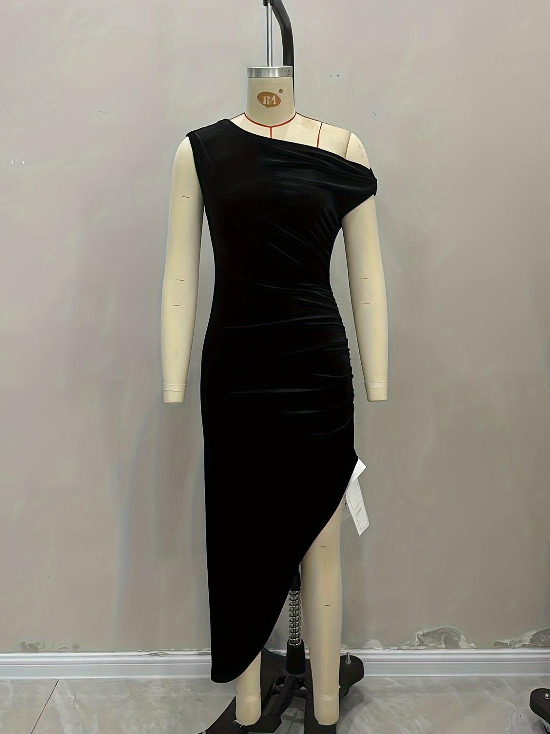 Velvet Bodycon Midi Dress with One-Shoulder and High Slit