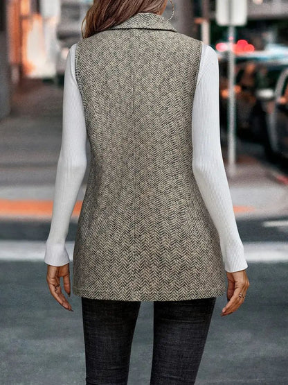 Herringbone Longline Double-Breasted Vest with Notched Lapels