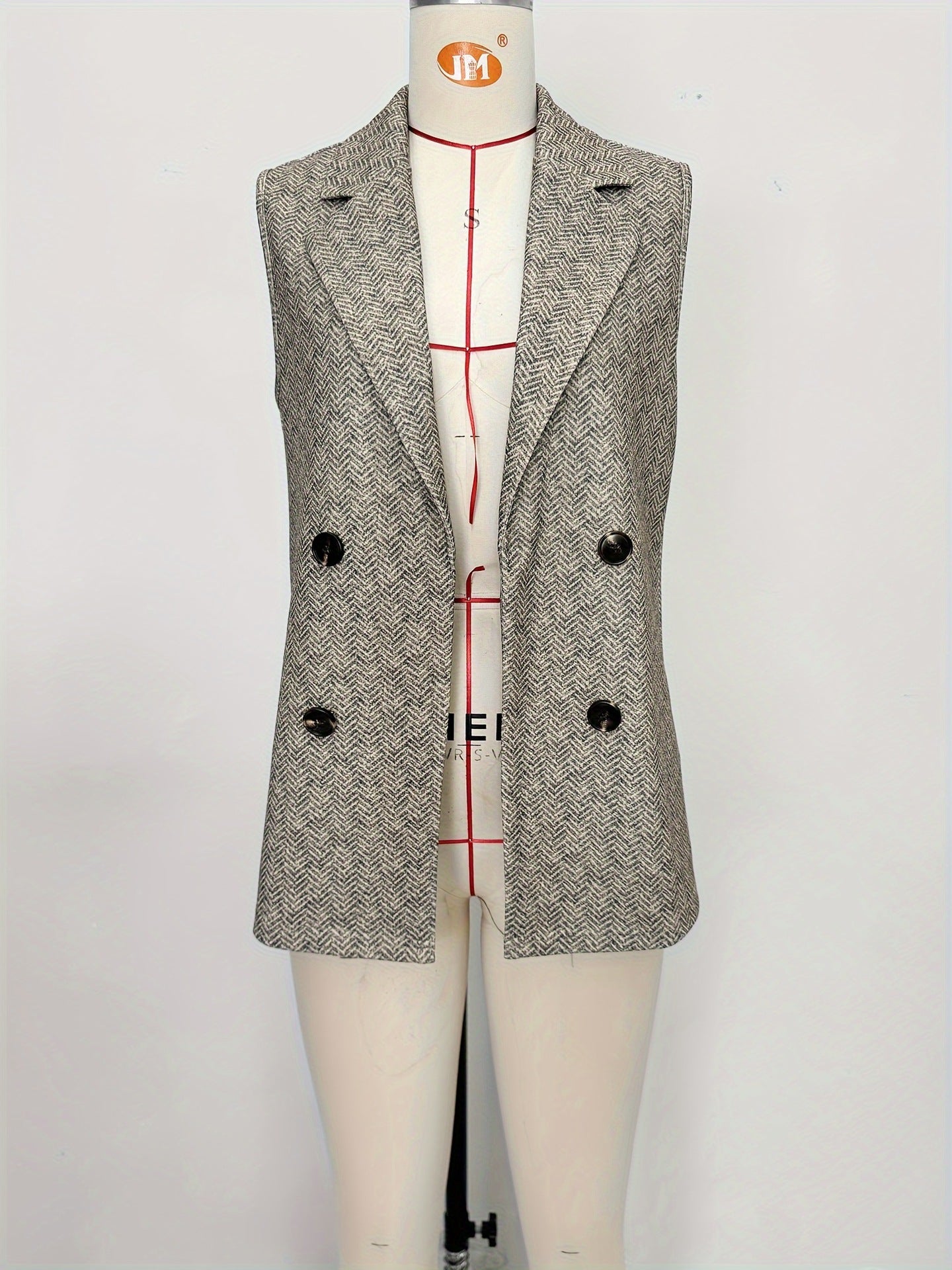 Herringbone Longline Double-Breasted Vest with Notched Lapels