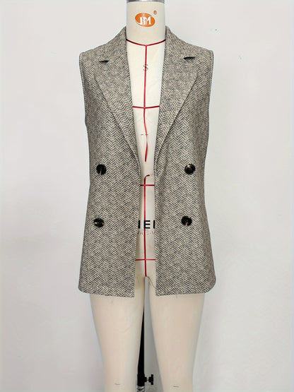 Herringbone Longline Double-Breasted Vest with Notched Lapels