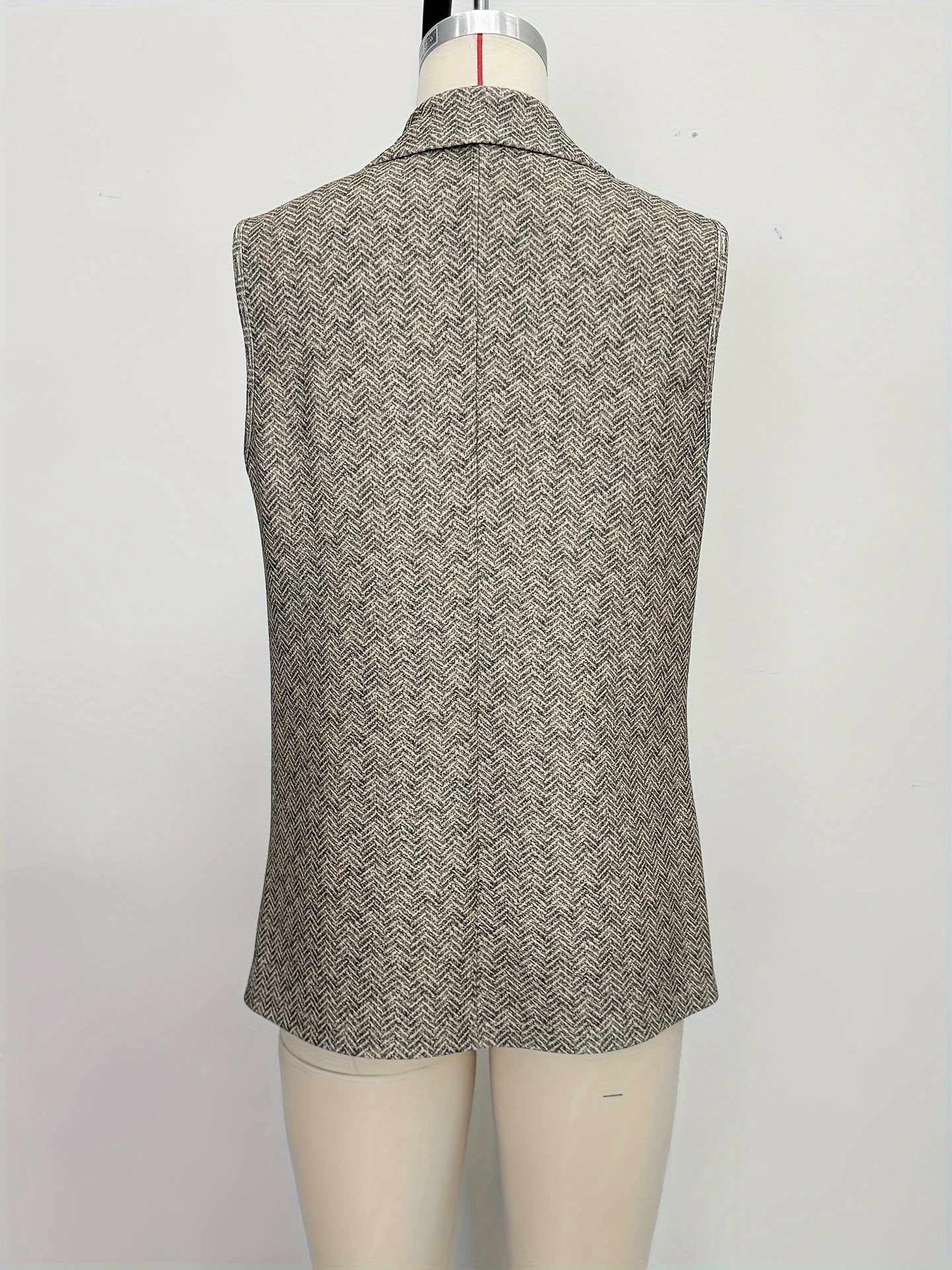 Herringbone Longline Double-Breasted Vest with Notched Lapels