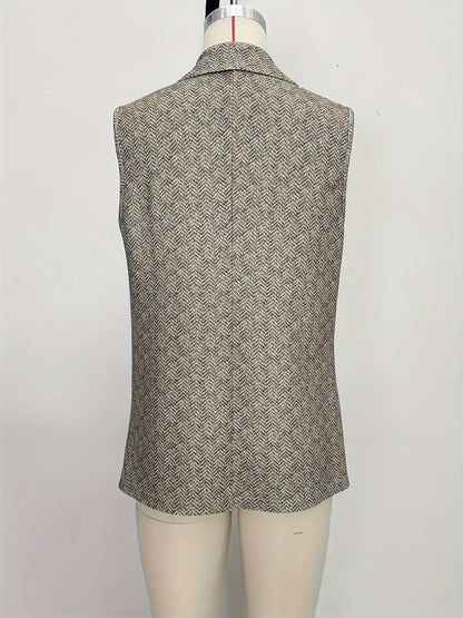Herringbone Longline Double-Breasted Vest with Notched Lapels