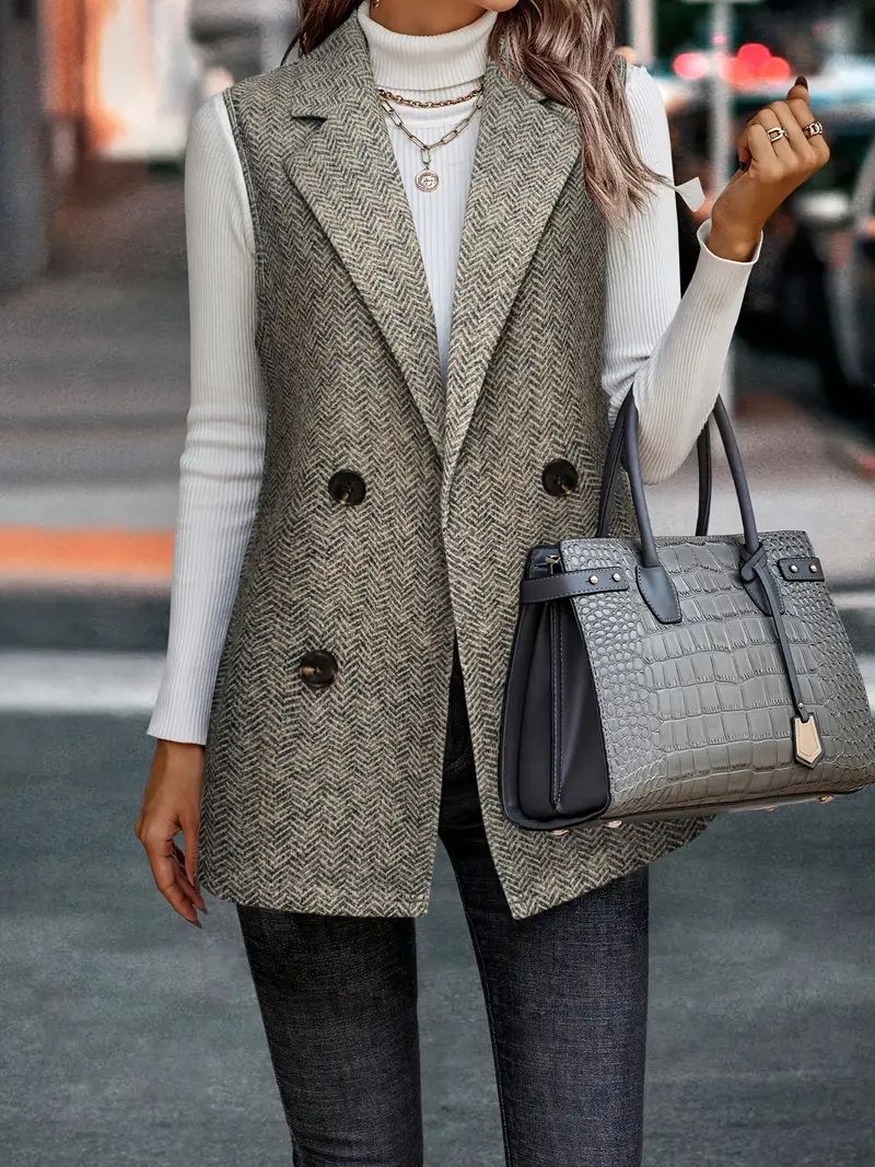 Herringbone Longline Double-Breasted Vest with Notched Lapels