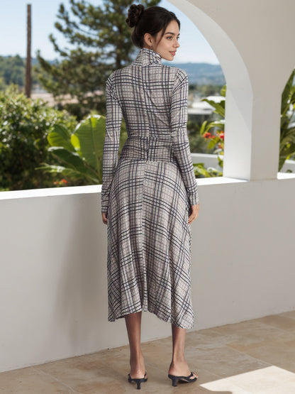 Plaid Knit Midi Dress with Stand Collar and Ruched Front