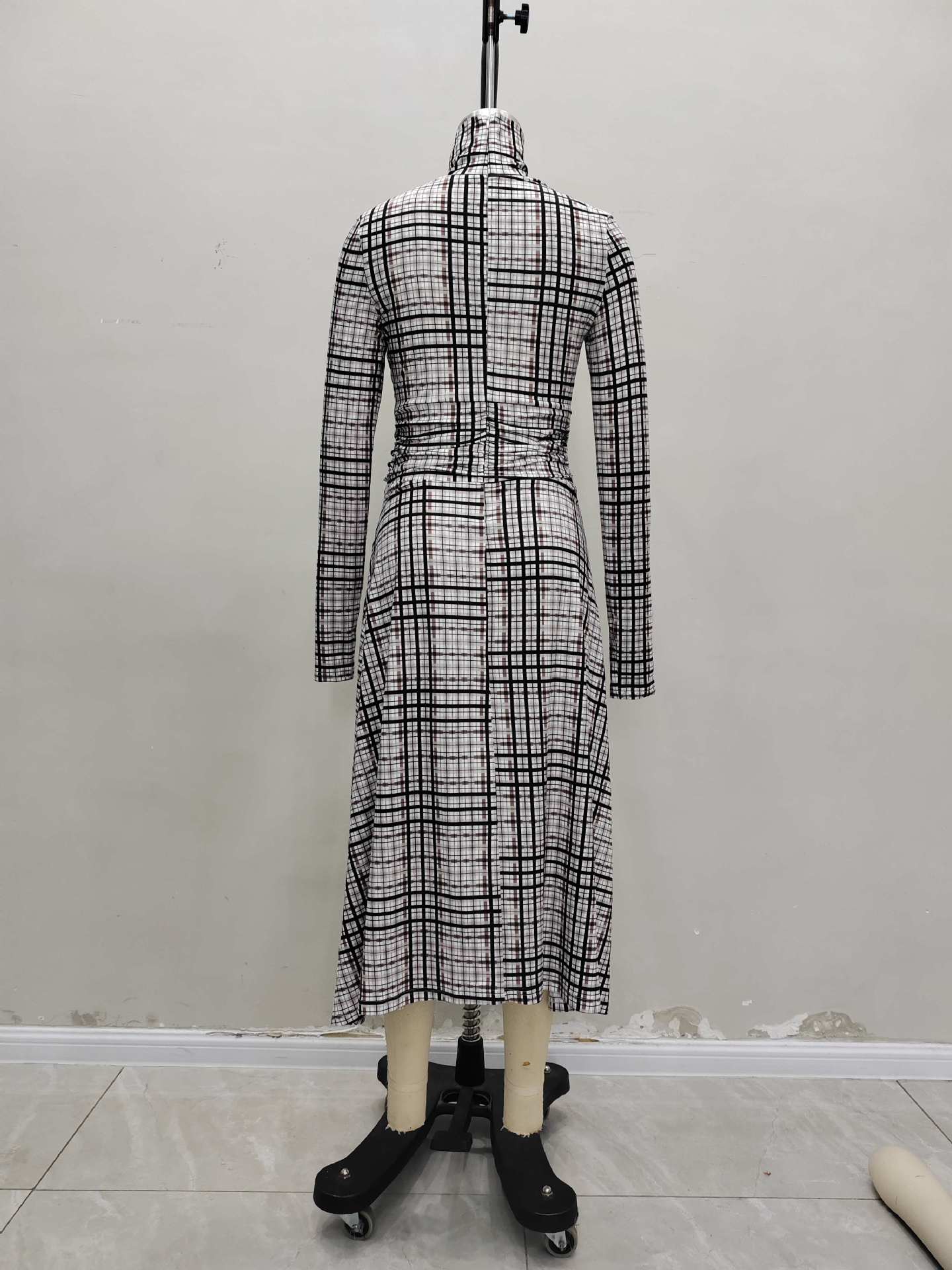 Plaid Knit Midi Dress with Stand Collar and Ruched Front