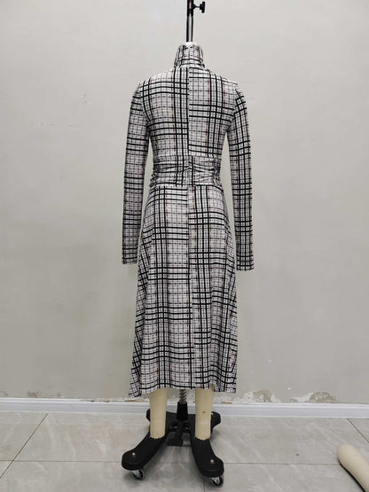Plaid Knit Midi Dress with Stand Collar and Ruched Front