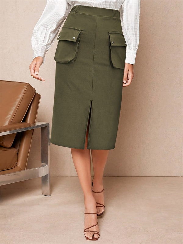 Solid Midi Pencil Skirt with Front Pockets and Slit