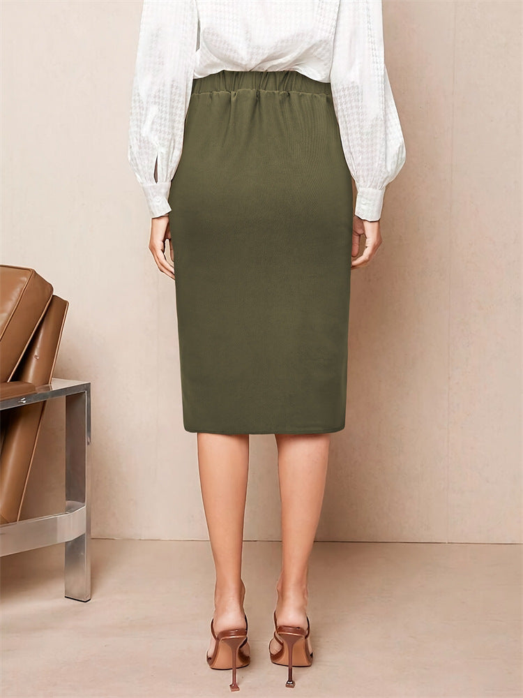 Solid Midi Pencil Skirt with Front Pockets and Slit