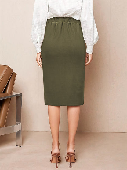 Solid Midi Pencil Skirt with Front Pockets and Slit