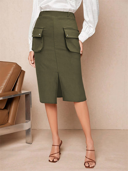 Solid Midi Pencil Skirt with Front Pockets and Slit