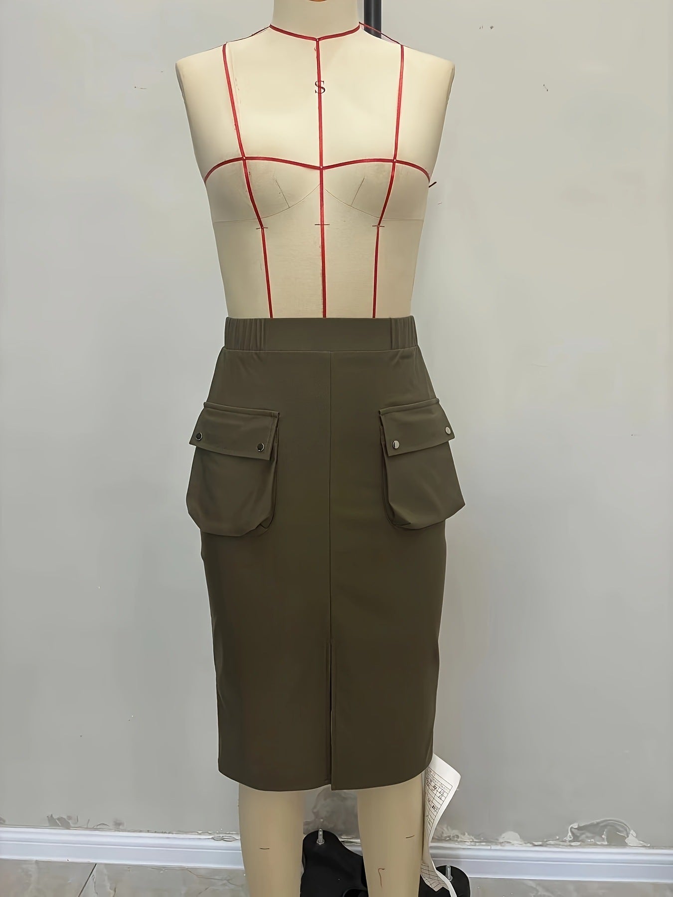 Solid Midi Pencil Skirt with Front Pockets and Slit