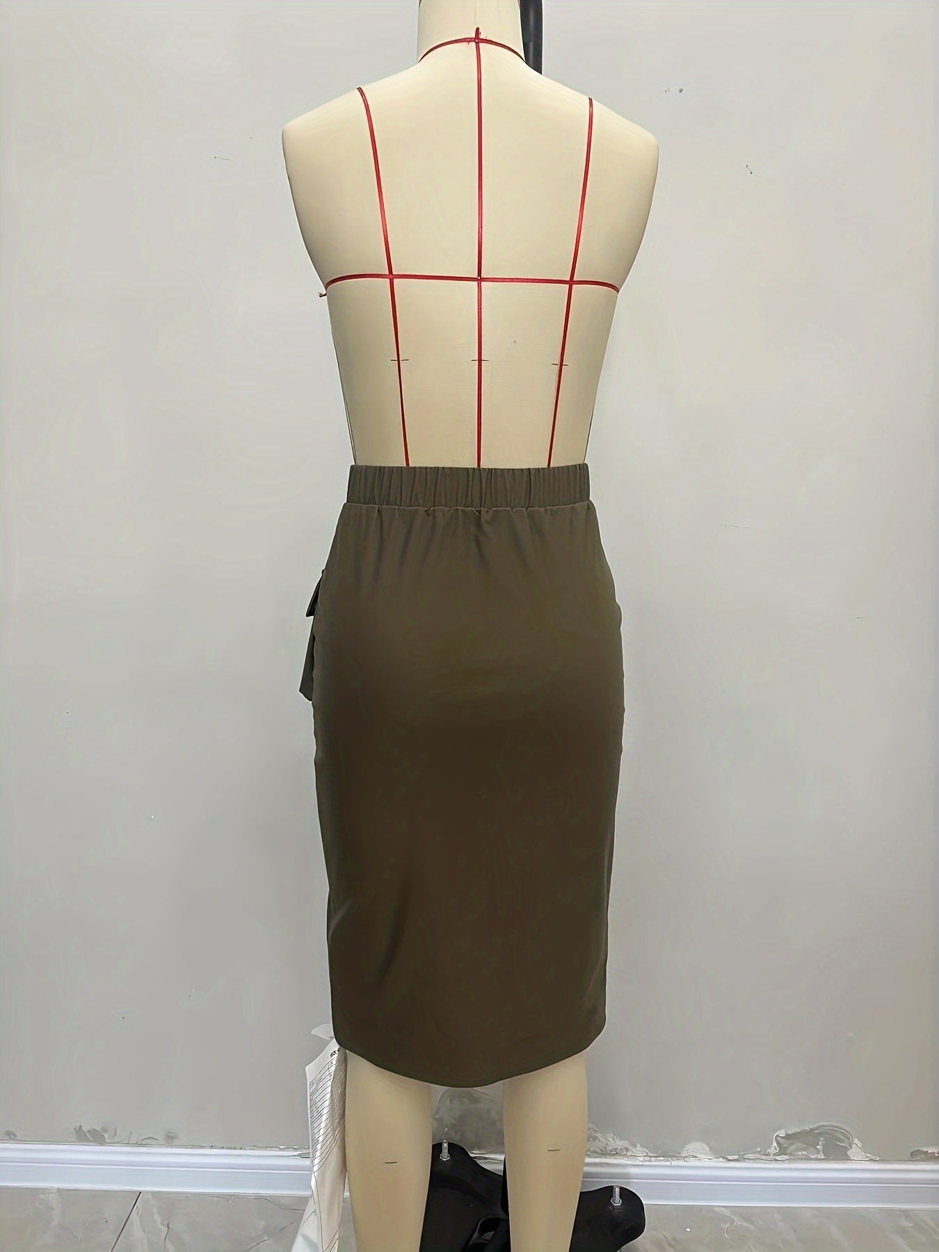 Solid Midi Pencil Skirt with Front Pockets and Slit