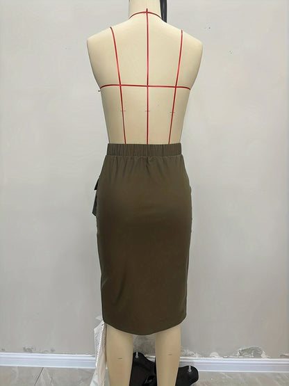 Solid Midi Pencil Skirt with Front Pockets and Slit