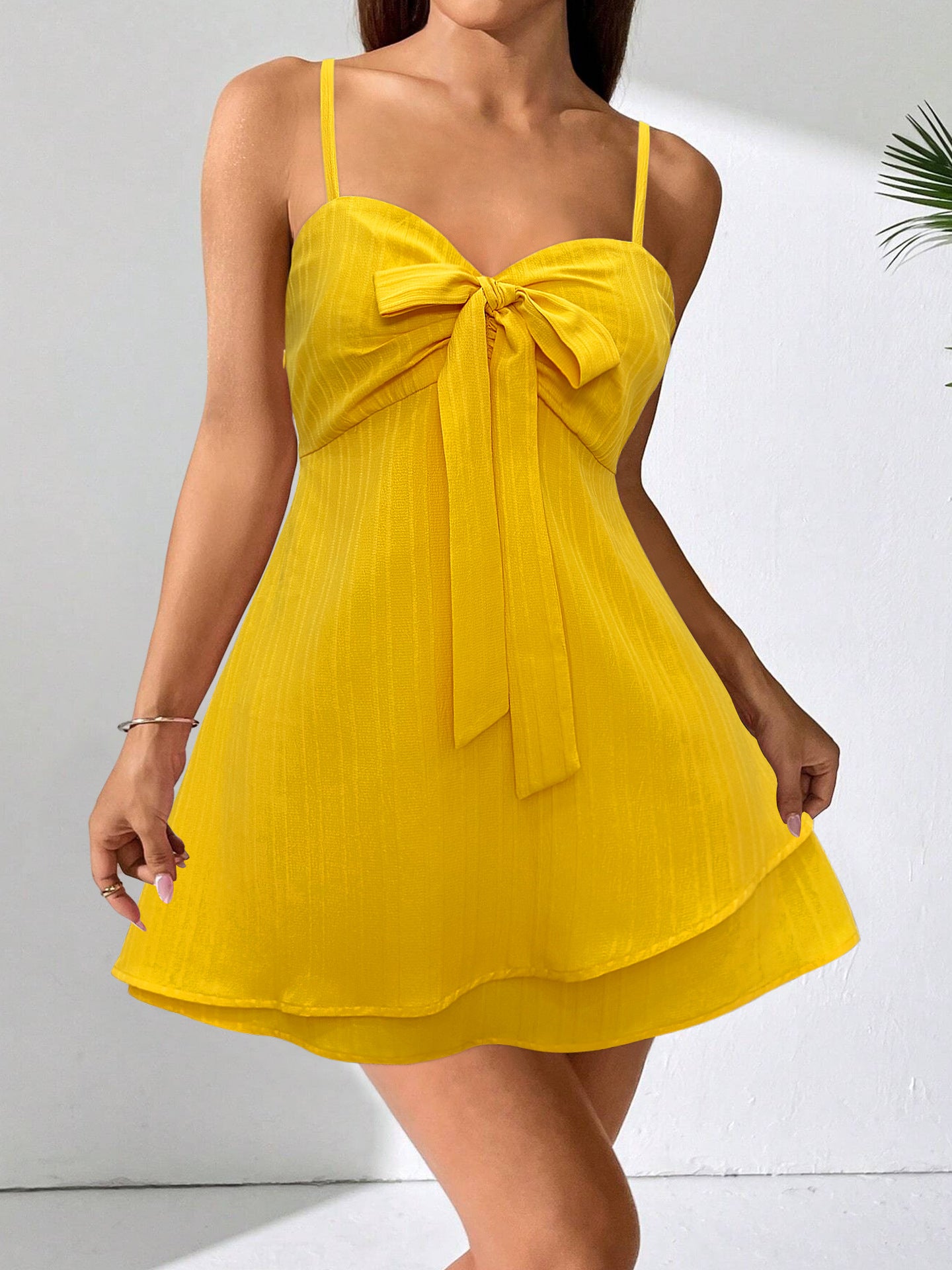 Sling Mini Dress with Bow Front and Tiered Hem