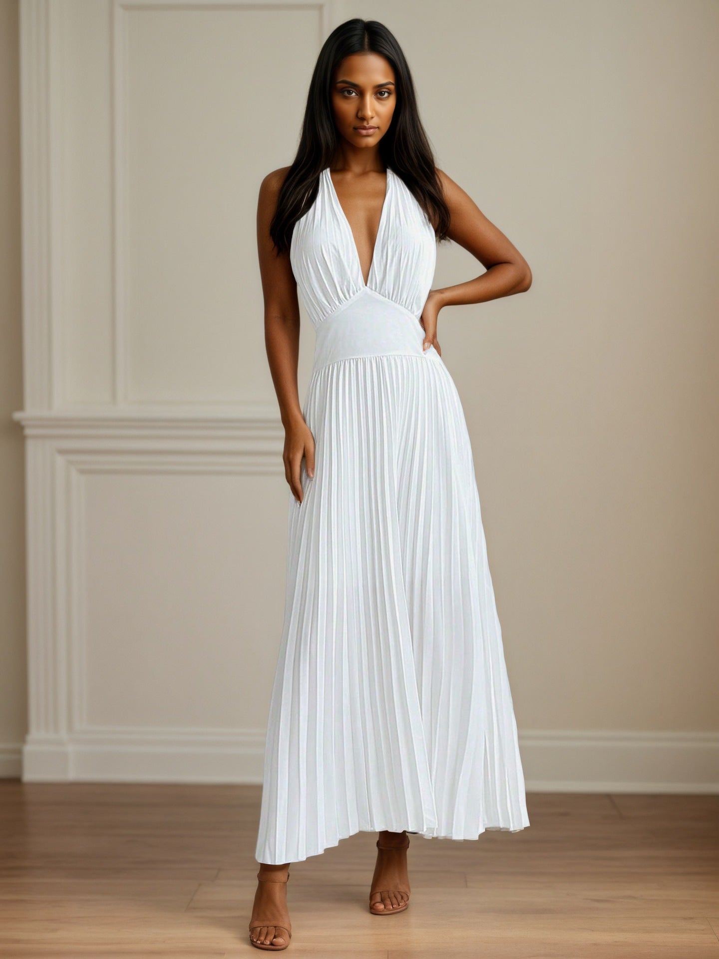 Pleated Maxi Dress with Halter Neck and Open Back