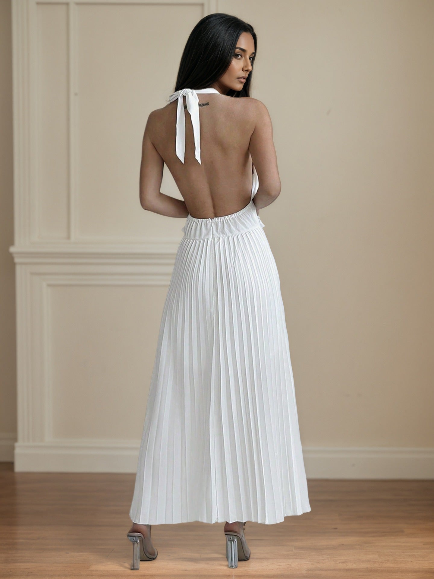 Pleated Maxi Dress with Halter Neck and Open Back
