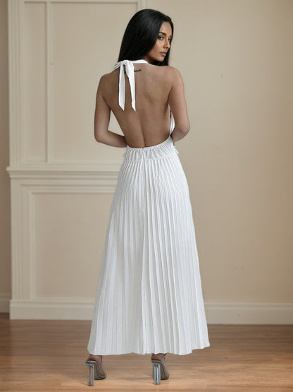 Pleated Maxi Dress with Halter Neck and Open Back