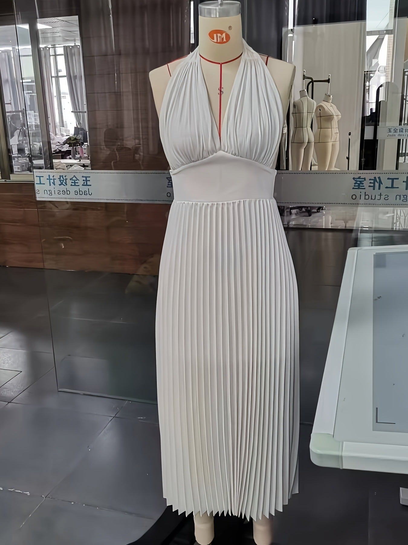 Pleated Maxi Dress with Halter Neck and Open Back