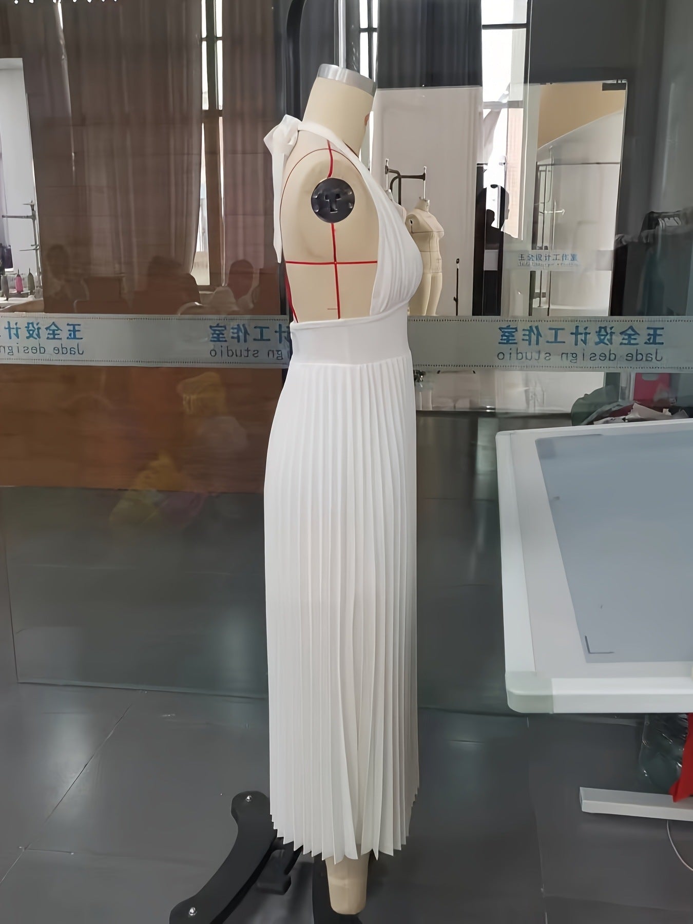 Pleated Maxi Dress with Halter Neck and Open Back