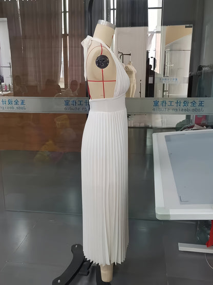 Pleated Maxi Dress with Halter Neck and Open Back