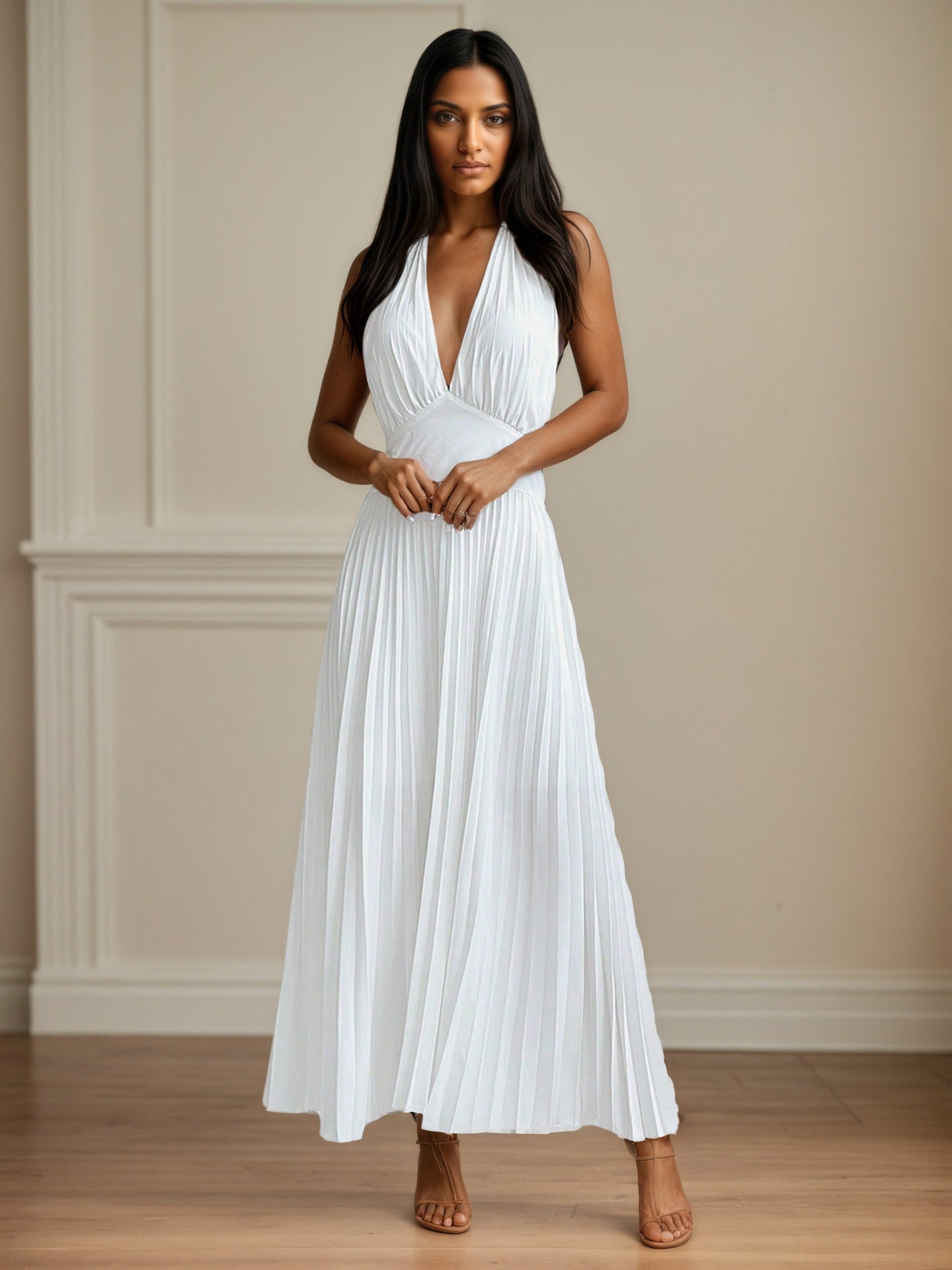 Pleated Maxi Dress with Halter Neck and Open Back