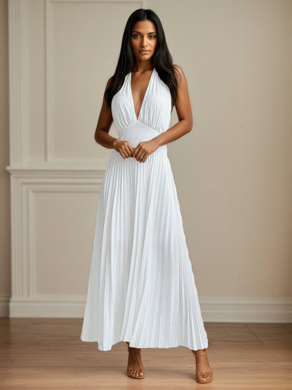 Pleated Maxi Dress with Halter Neck and Open Back