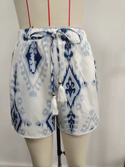 Ikat Print High-Waist Shorts with Tasseled Drawstring