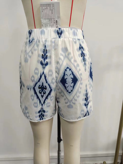 Ikat Print High-Waist Shorts with Tasseled Drawstring