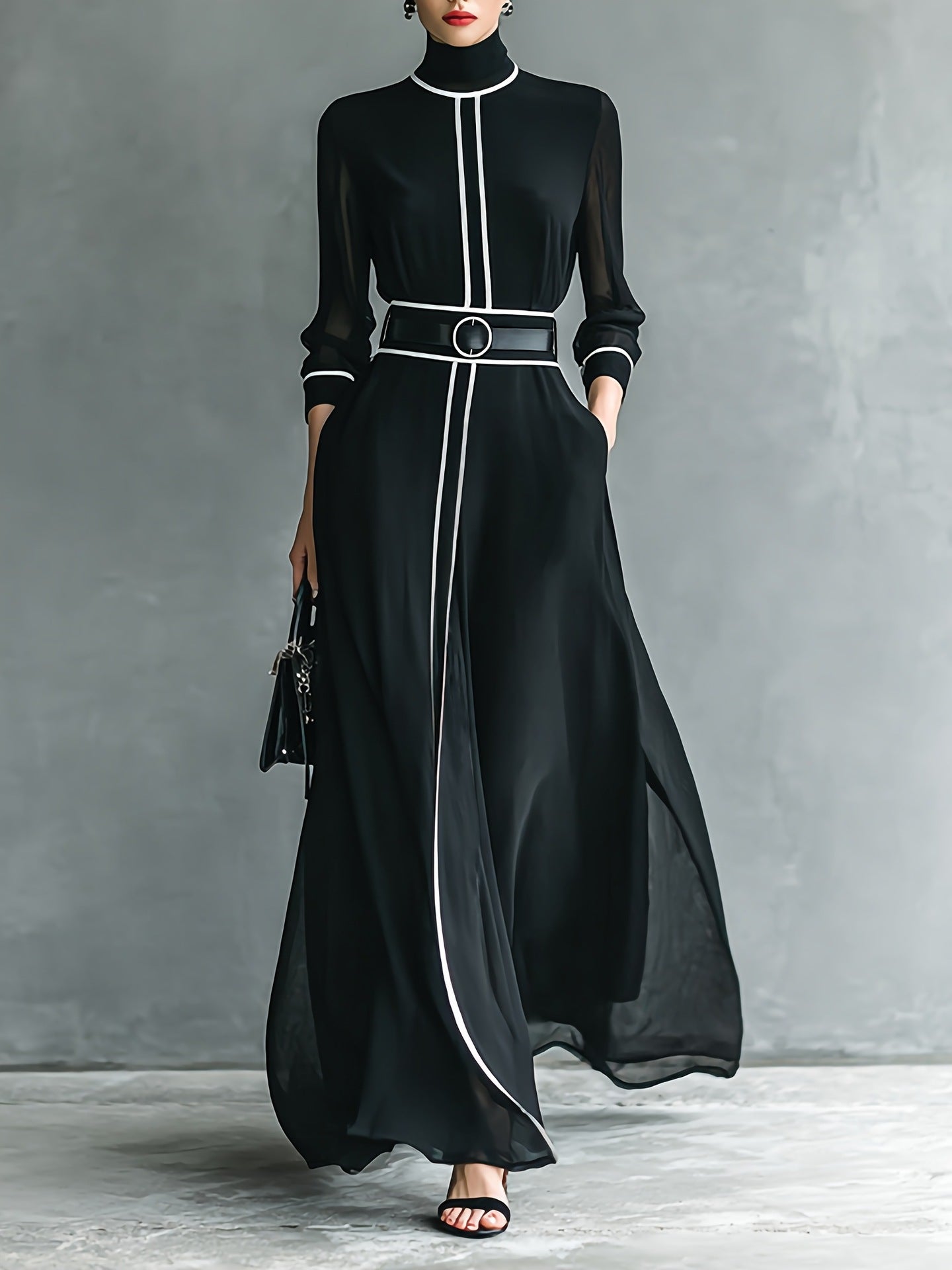 High-Waist Maxi Dress with Turtleneck and Contrast Piping