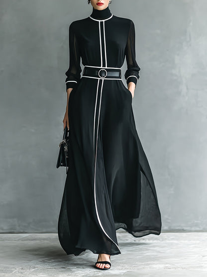 High-Waist Maxi Dress with Turtleneck and Contrast Piping