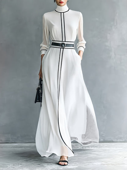 High-Waist Maxi Dress with Turtleneck and Contrast Piping