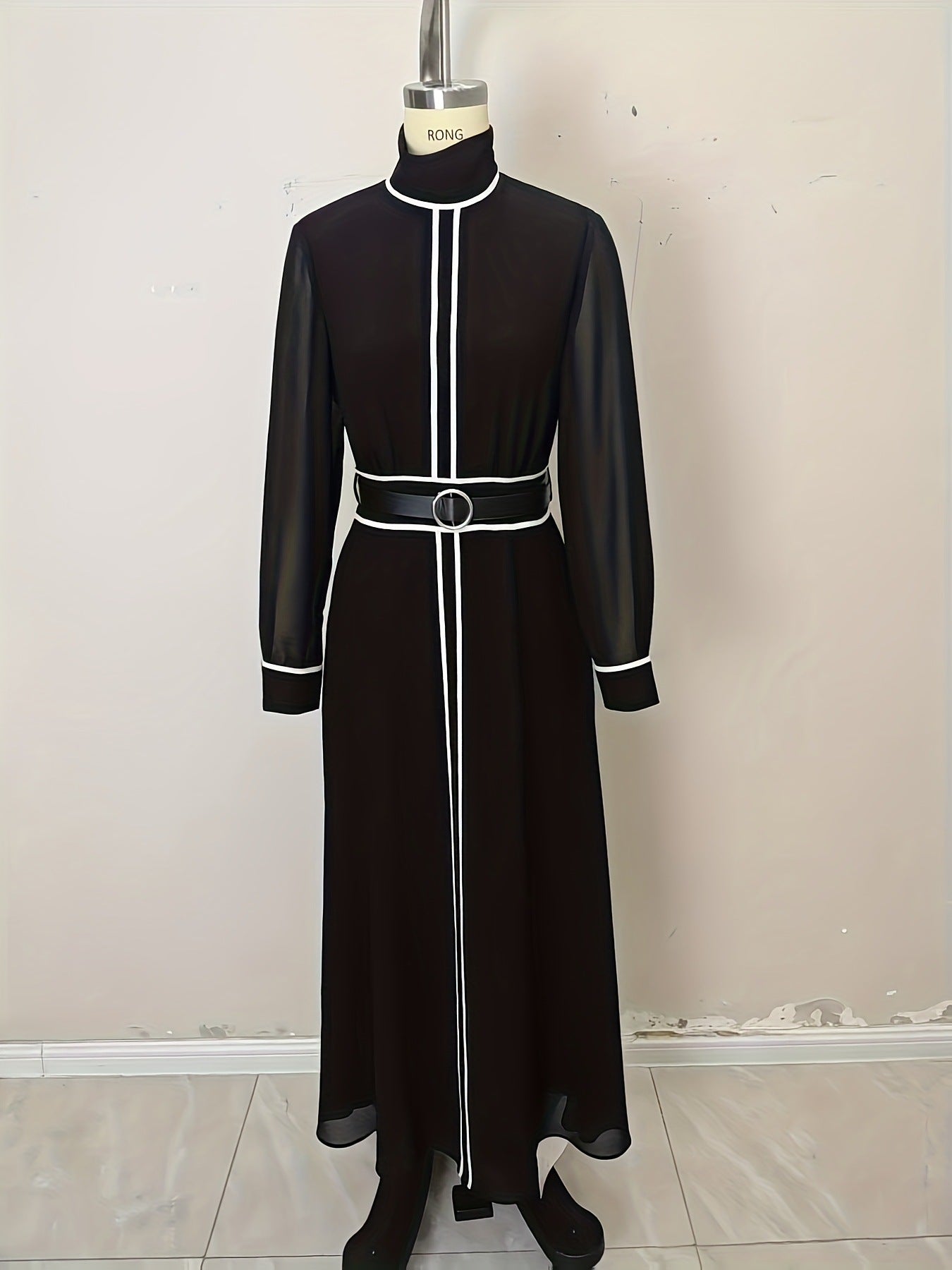 High-Waist Maxi Dress with Turtleneck and Contrast Piping