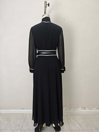 High-Waist Maxi Dress with Turtleneck and Contrast Piping